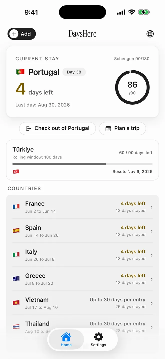 The DaysHere home screen: Portugal, day 33, 5 days left under Schengen 90/180 with 85 of 90 days used, a Türkiye rolling window at 60 of 90 days left, and a month calendar with every stay day flagged.